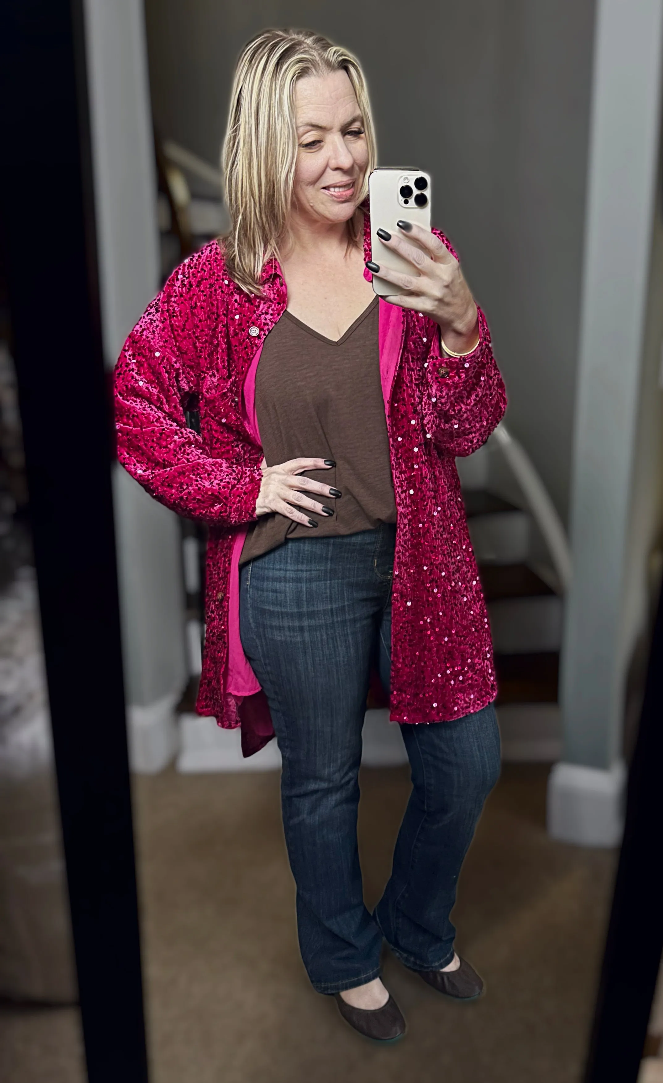 2 Colors - Sequins and Velvet Button Down Shirt Dress / Cardigan