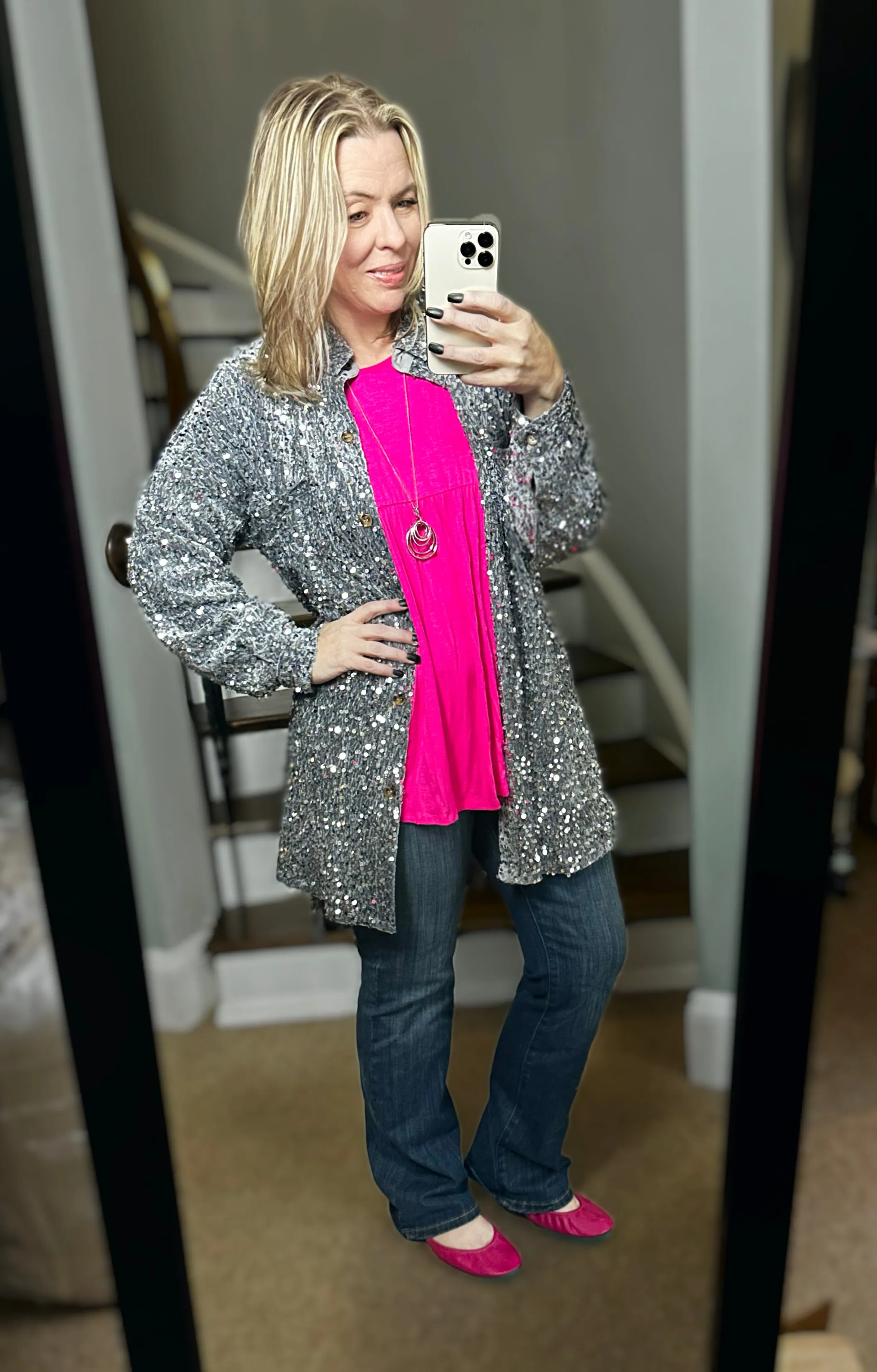 2 Colors - Sequins and Velvet Button Down Shirt Dress / Cardigan