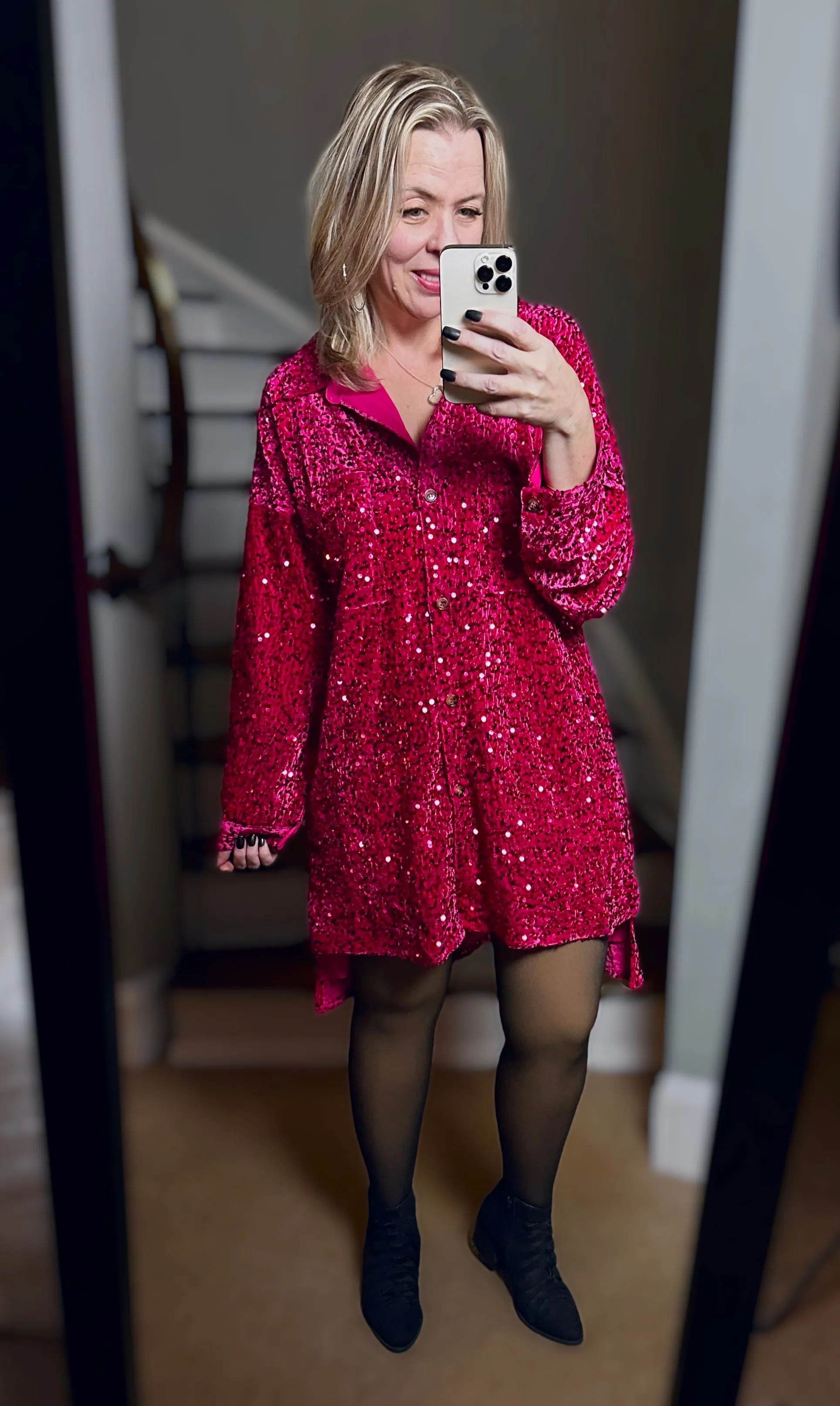 2 Colors - Sequins and Velvet Button Down Shirt Dress / Cardigan