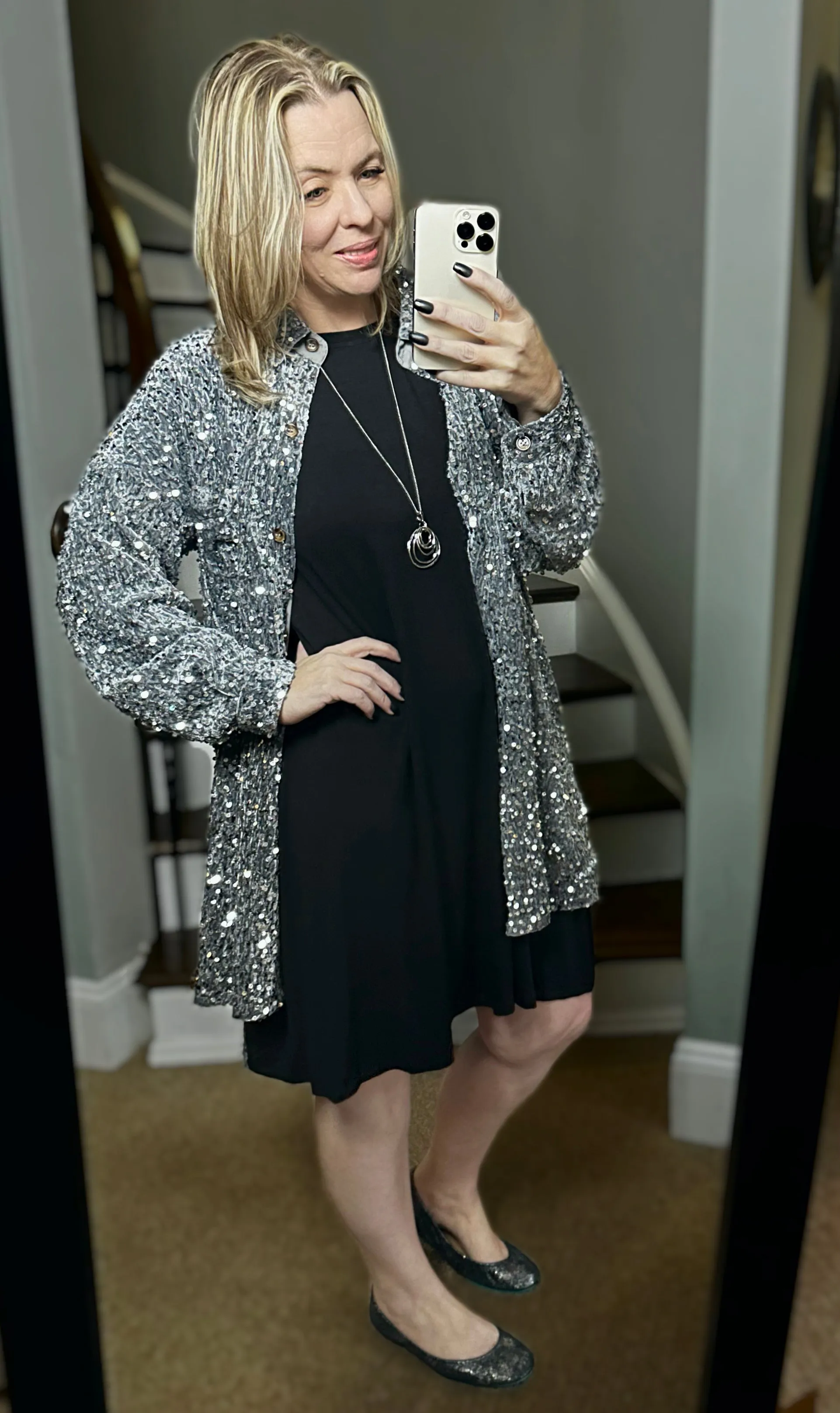 2 Colors - Sequins and Velvet Button Down Shirt Dress / Cardigan