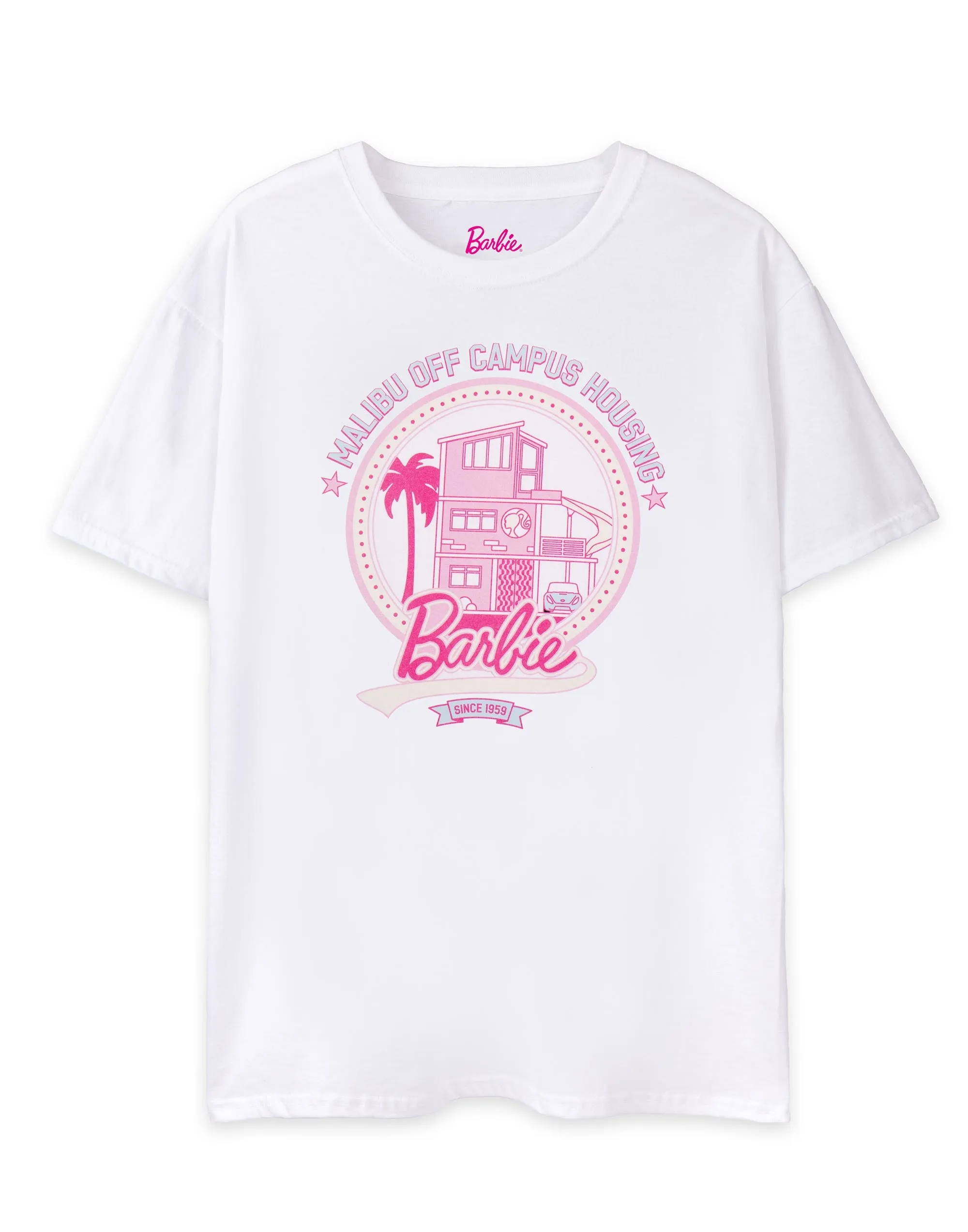 Barbie Womens White Malibu Off Campus Logo Short Sleeved T-Shirt