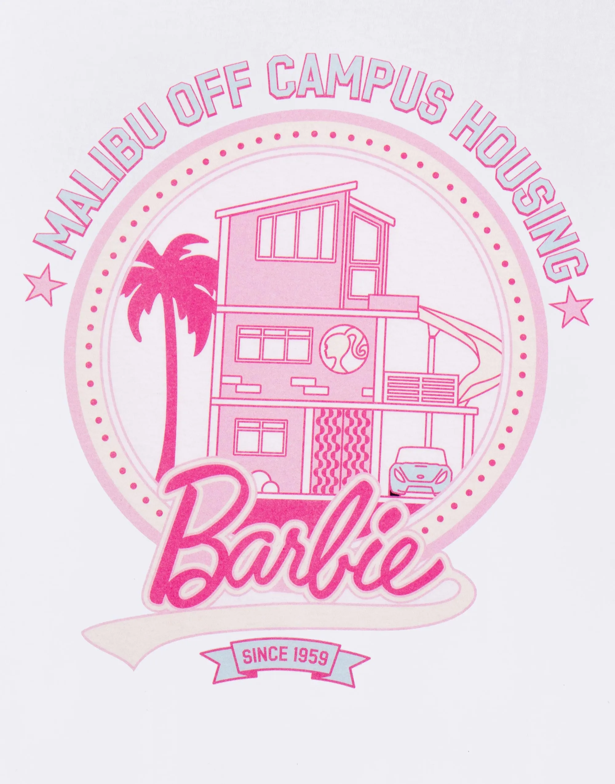 Barbie Womens White Malibu Off Campus Logo Short Sleeved T-Shirt