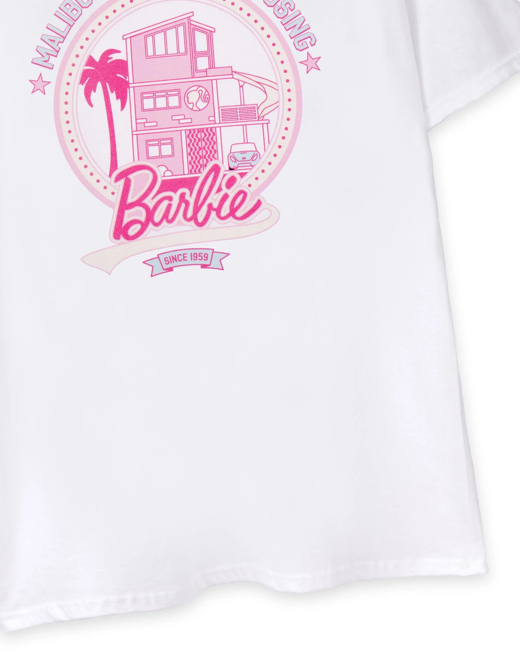 Barbie Womens White Malibu Off Campus Logo Short Sleeved T-Shirt