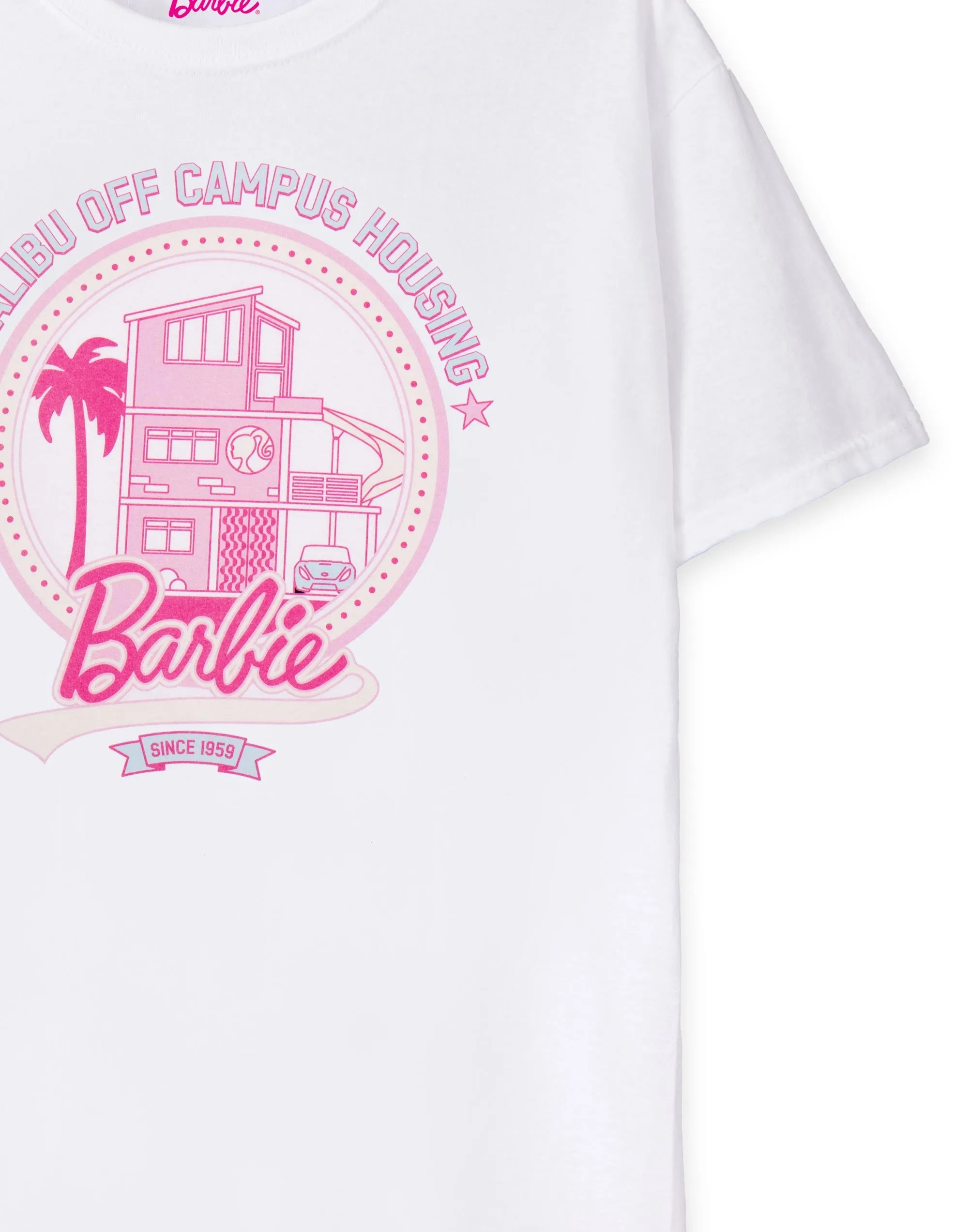 Barbie Womens White Malibu Off Campus Logo Short Sleeved T-Shirt