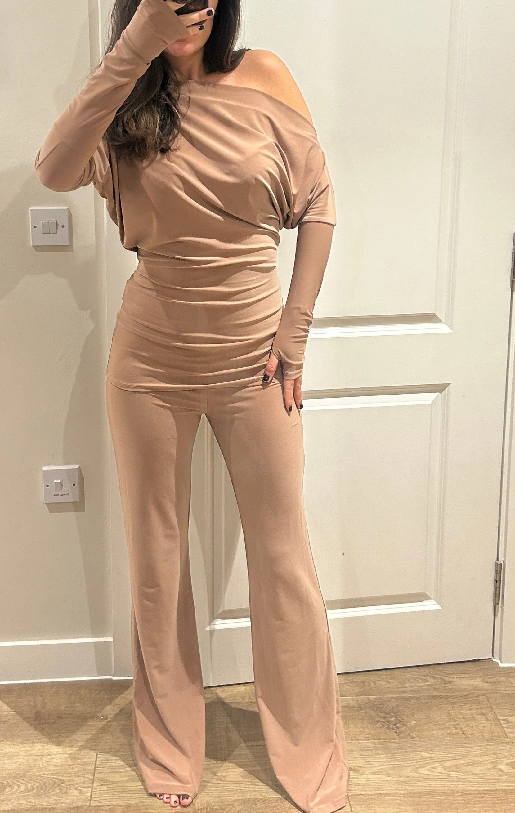 Beige Off Shoulder Suit