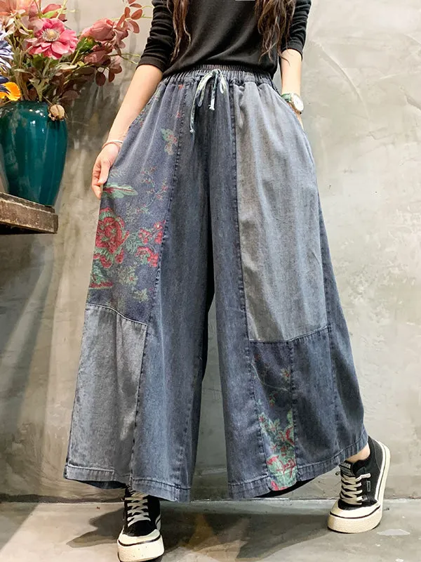 Casual Wide Leg Loose Elastic Waist Printed Color-Block Jean Pants Bottoms