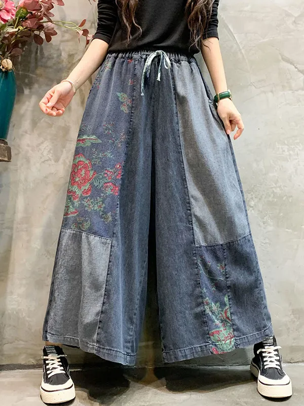 Casual Wide Leg Loose Elastic Waist Printed Color-Block Jean Pants Bottoms