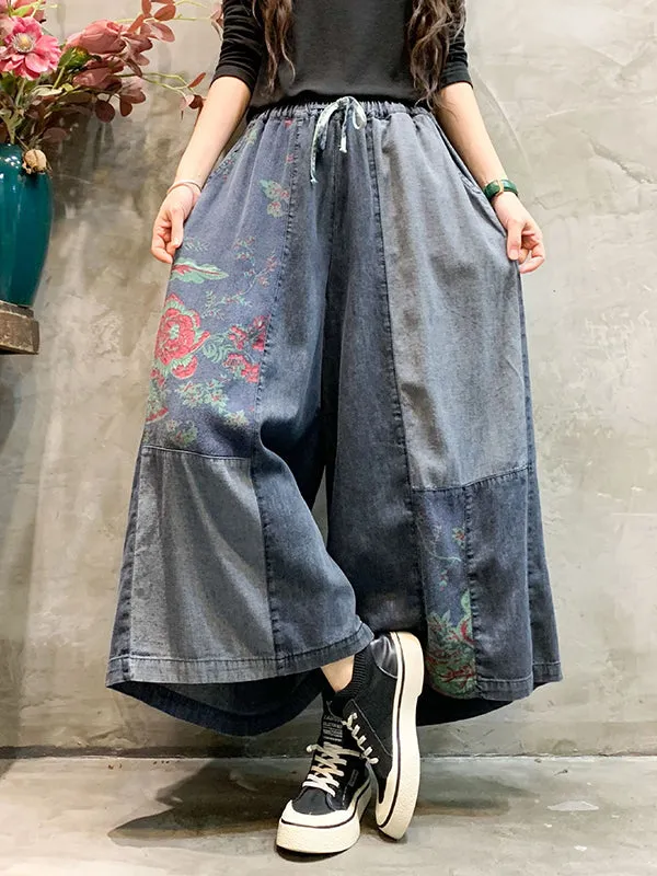 Casual Wide Leg Loose Elastic Waist Printed Color-Block Jean Pants Bottoms