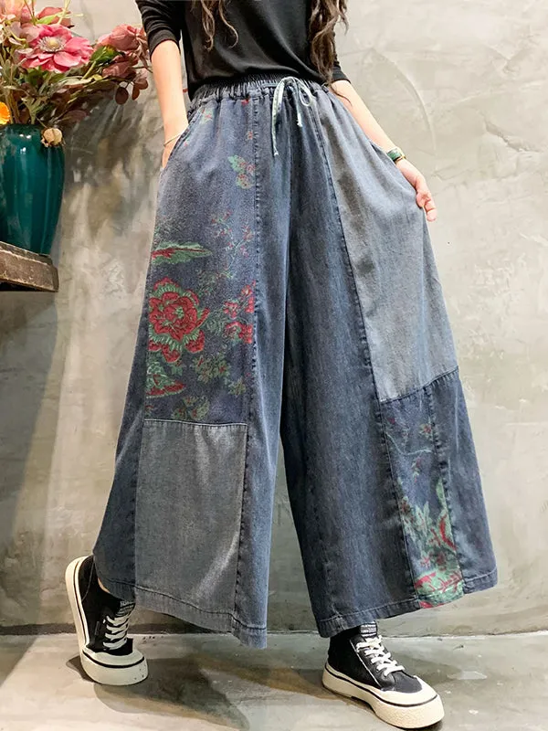 Casual Wide Leg Loose Elastic Waist Printed Color-Block Jean Pants Bottoms