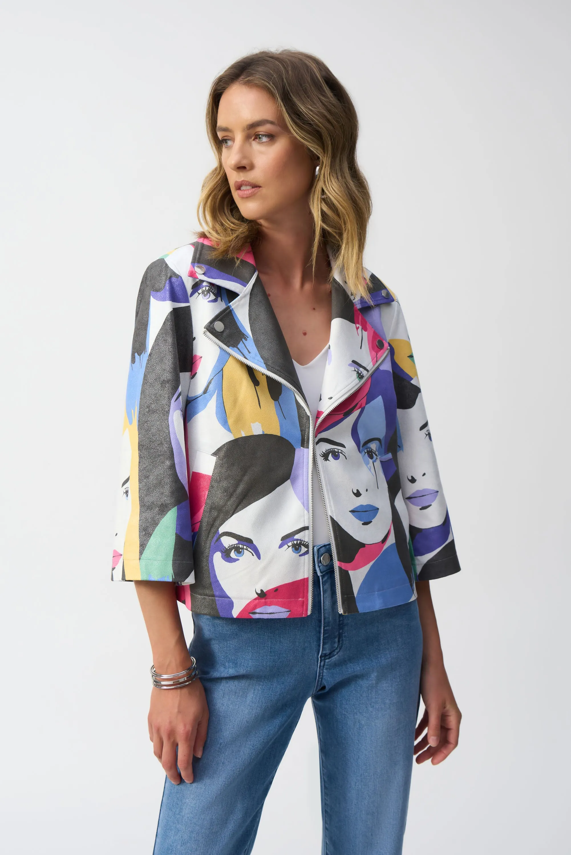 Faux Suede Face Print Trapeze Jacket, Vanilla/Multi