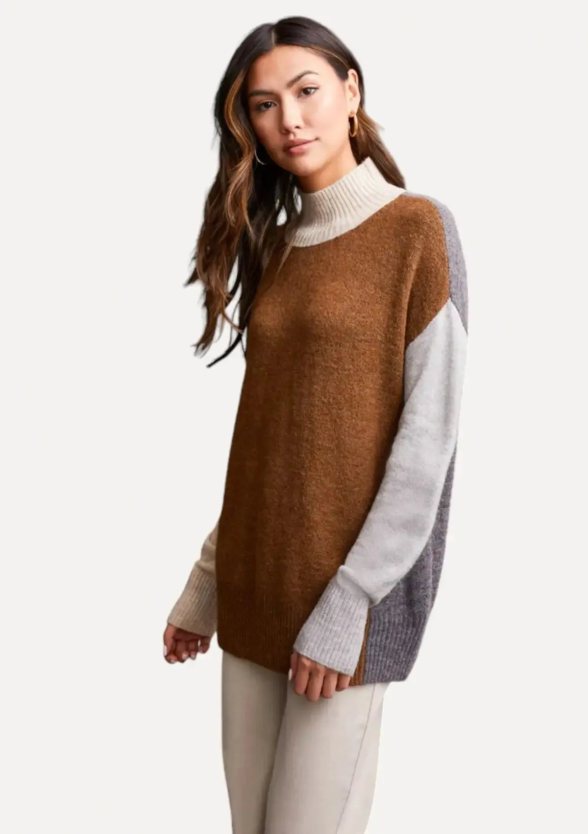 Joelle Mock Neck Color Block Sweater - Walnut