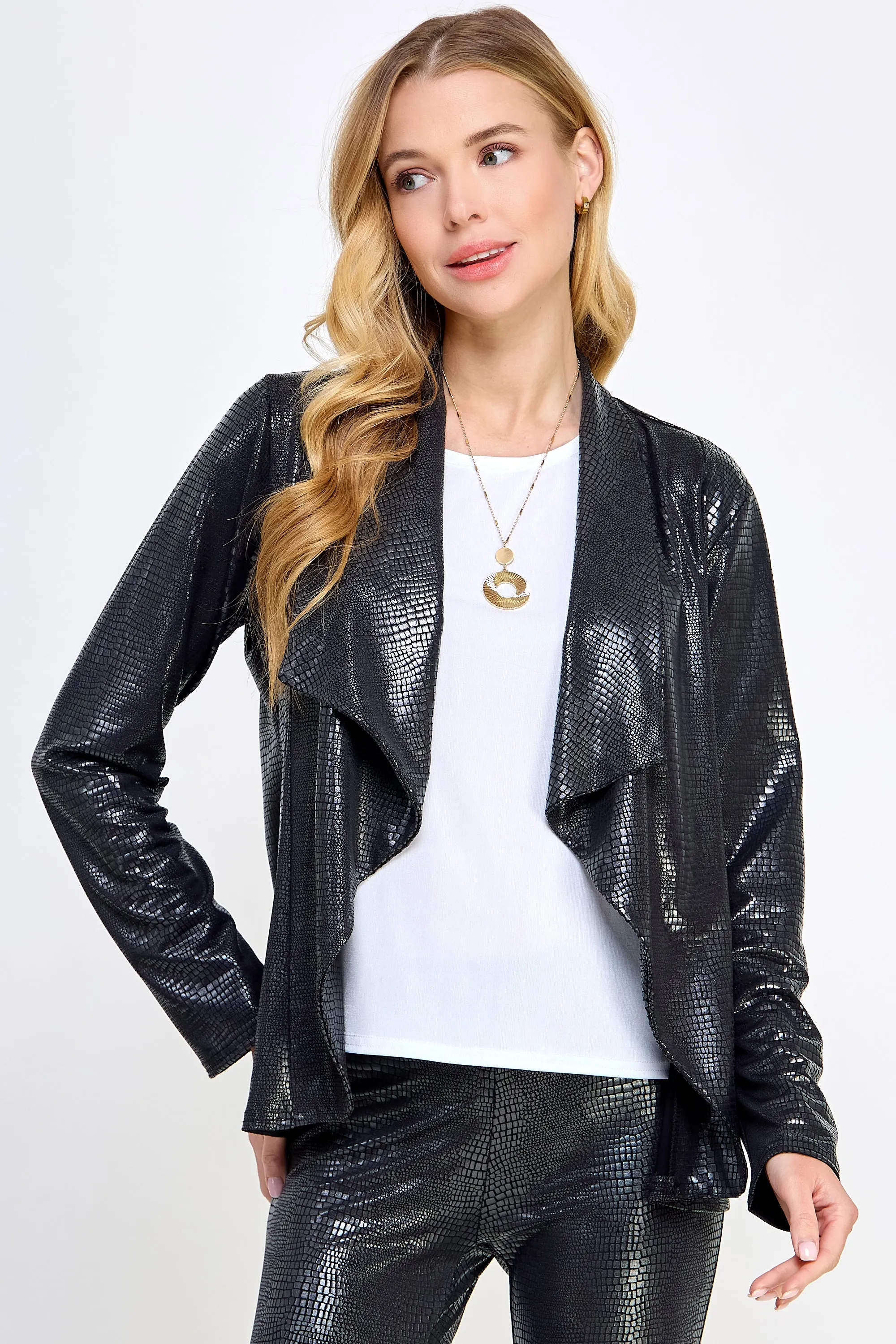 Long Sleeve Pleather Snake Skin Look Jacket-4083VF-LRD1-F028