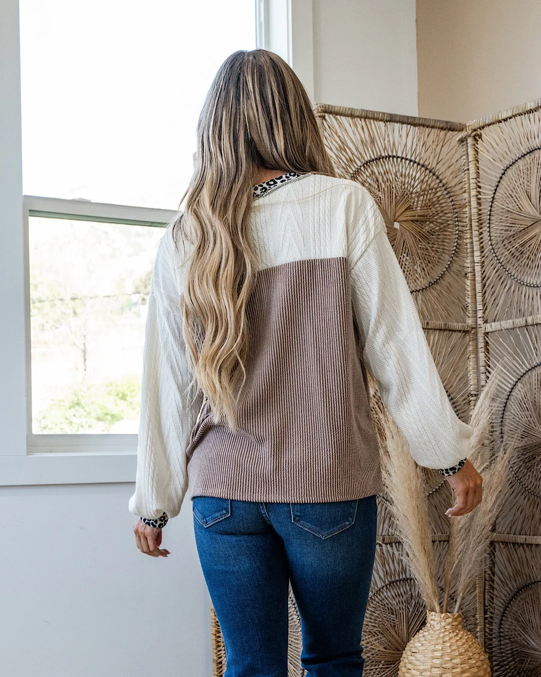 NEW! Shayla Mixed Fabric Color Block Henley Top - Mocha