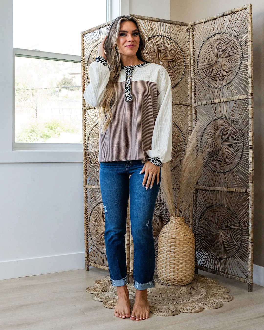 NEW! Shayla Mixed Fabric Color Block Henley Top - Mocha