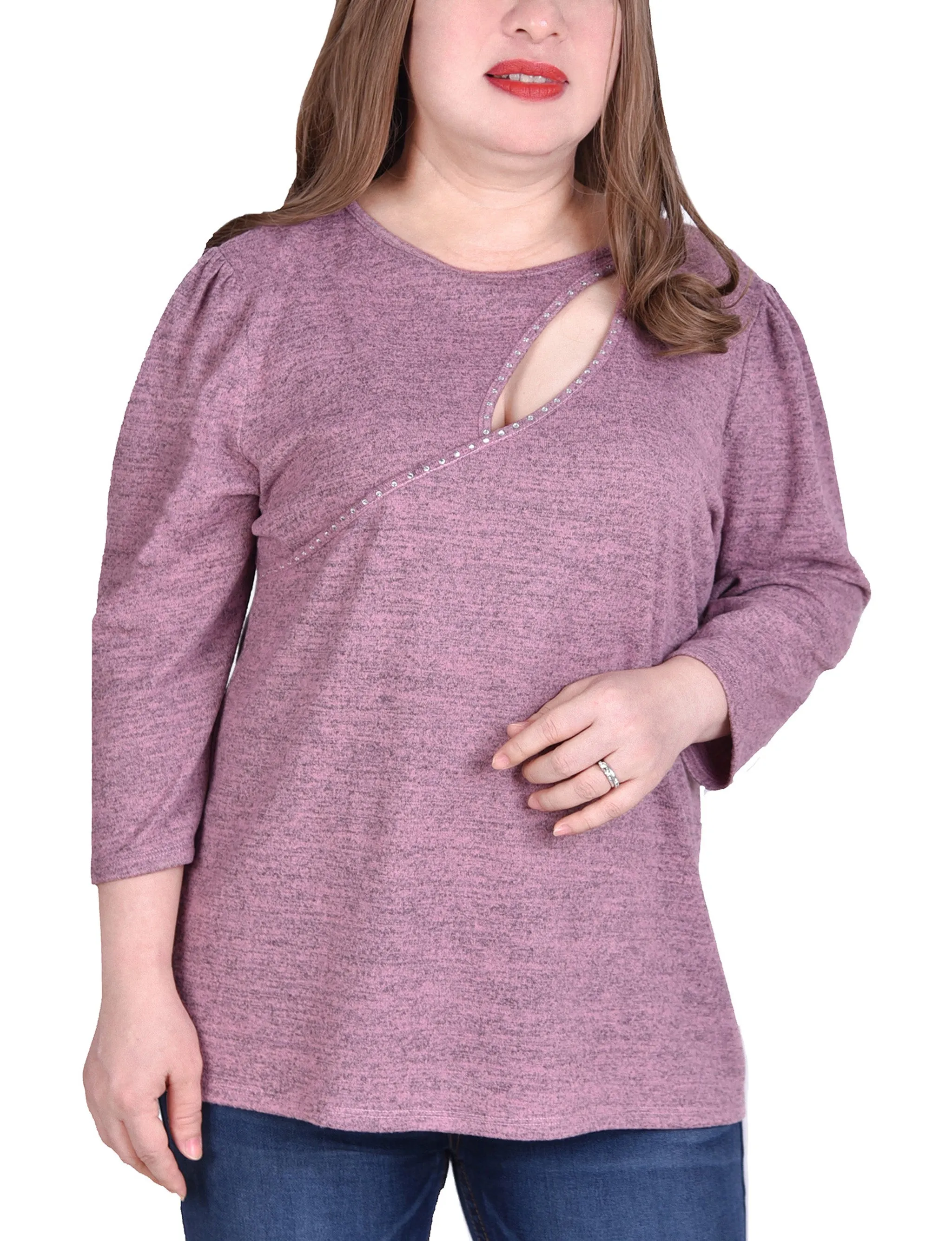 Plus Size 3/4 Sleeve Tunic Top With Front Cutout