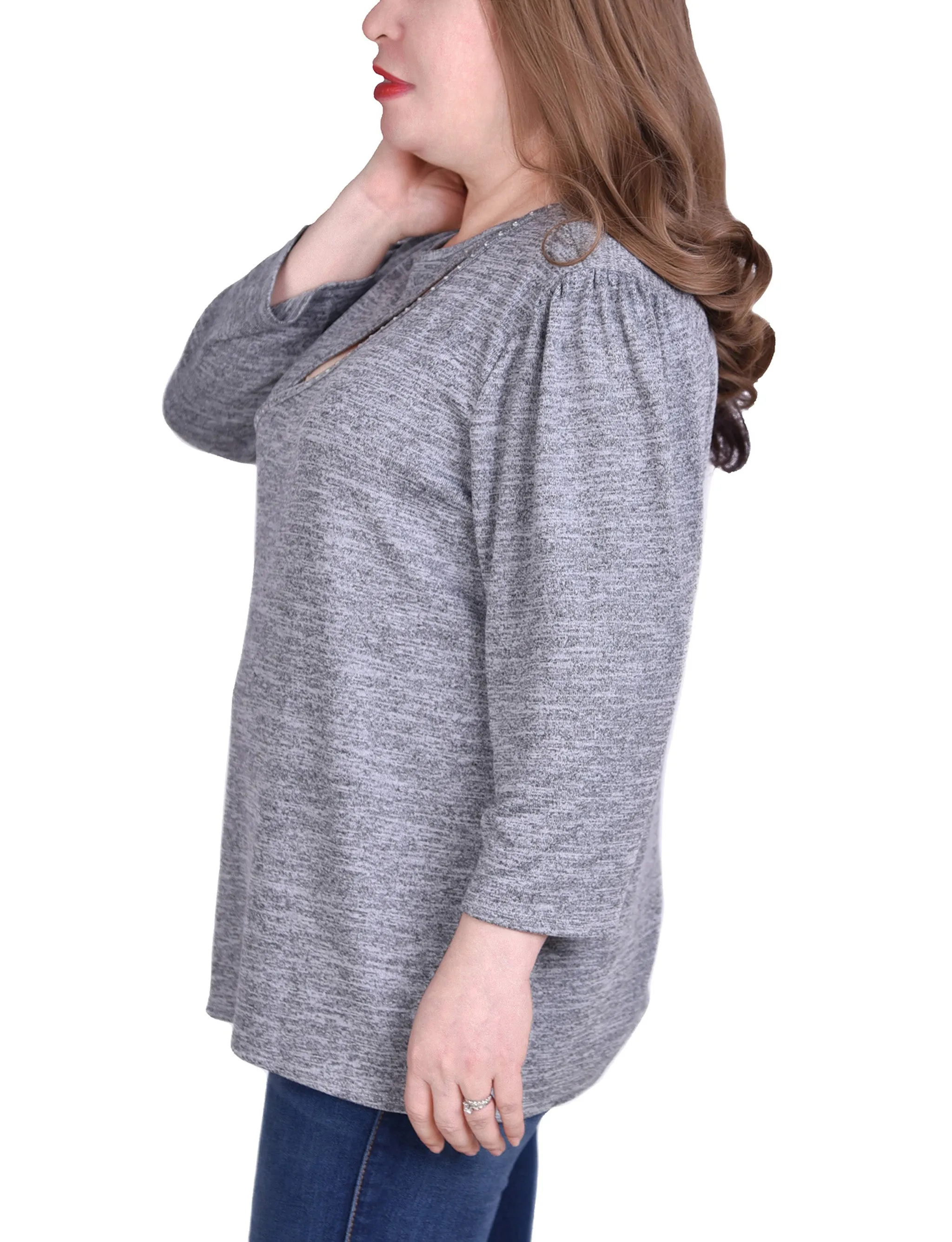 Plus Size 3/4 Sleeve Tunic Top With Front Cutout