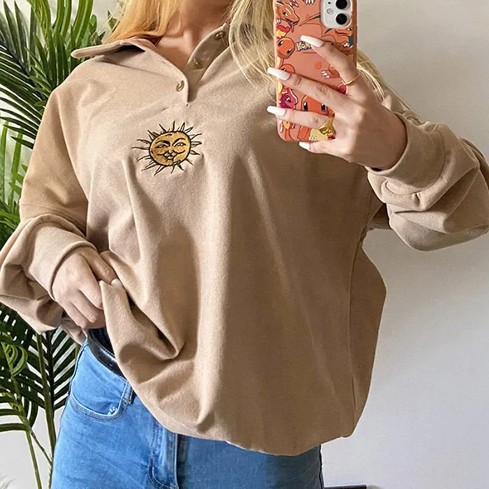 Sun Embroidery Button Up Sweatshirt