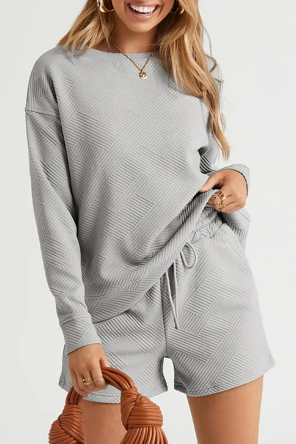 Textured Gray Long Sleeve Lounge Set