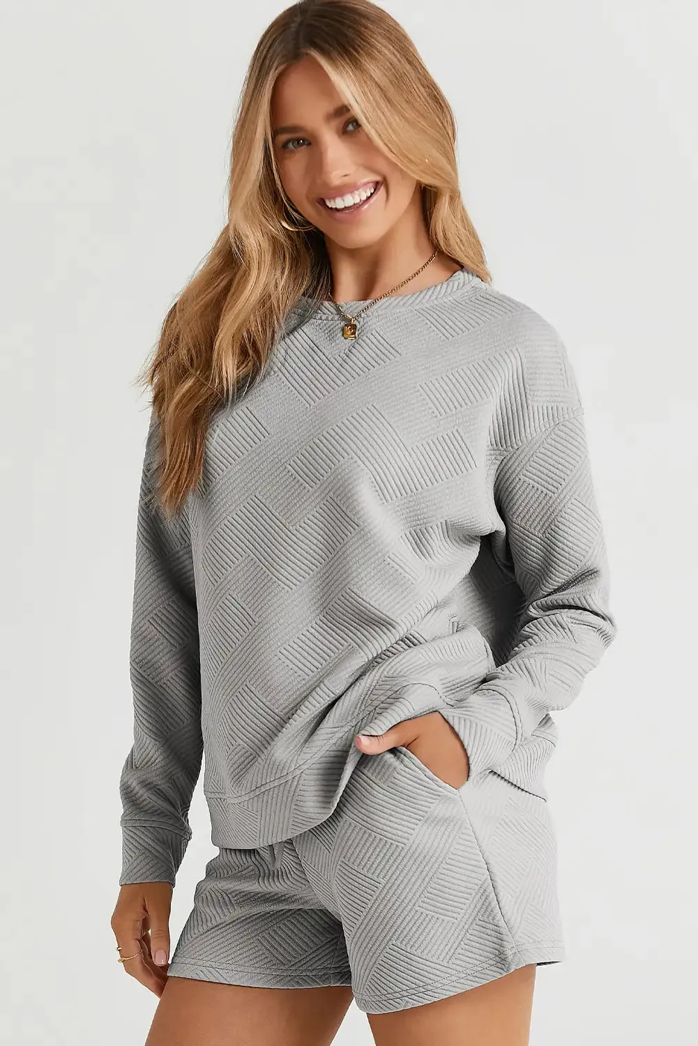 Textured Gray Long Sleeve Lounge Set